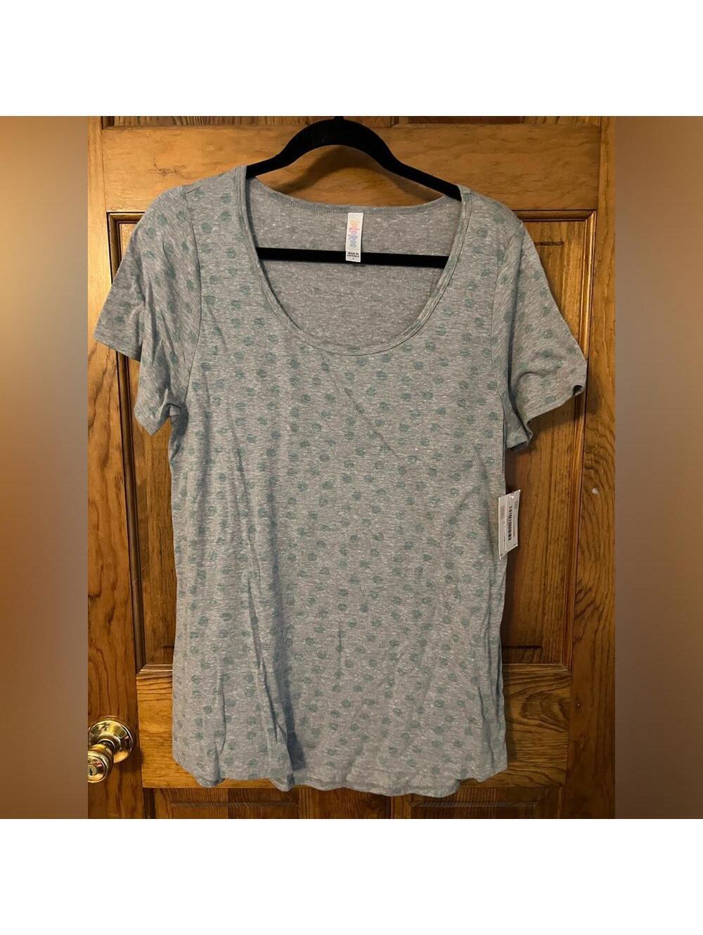 LuLaRoe Classic T Shirt Heathered Gray Blue Green Polka Dots High Low Large NWT